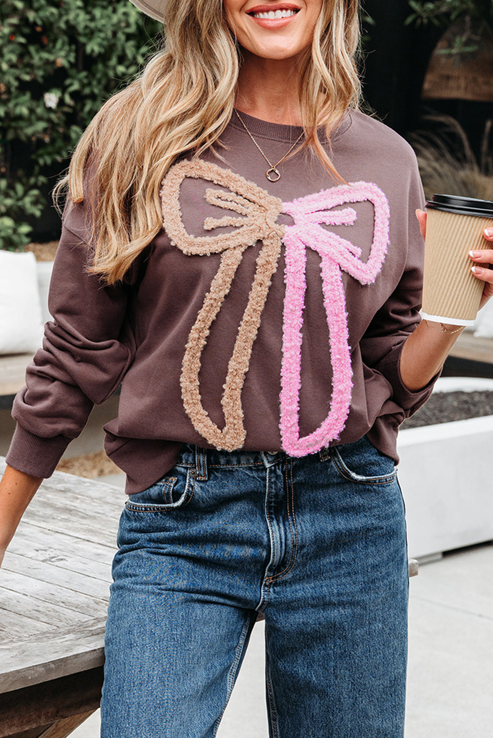 Bow Tie Contrast Terry Drop Shoulder Sweatshirt
