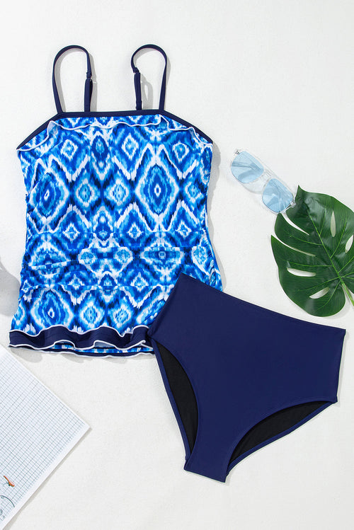 Abstract Frilled Trim Spaghetti Straps Tankini Set