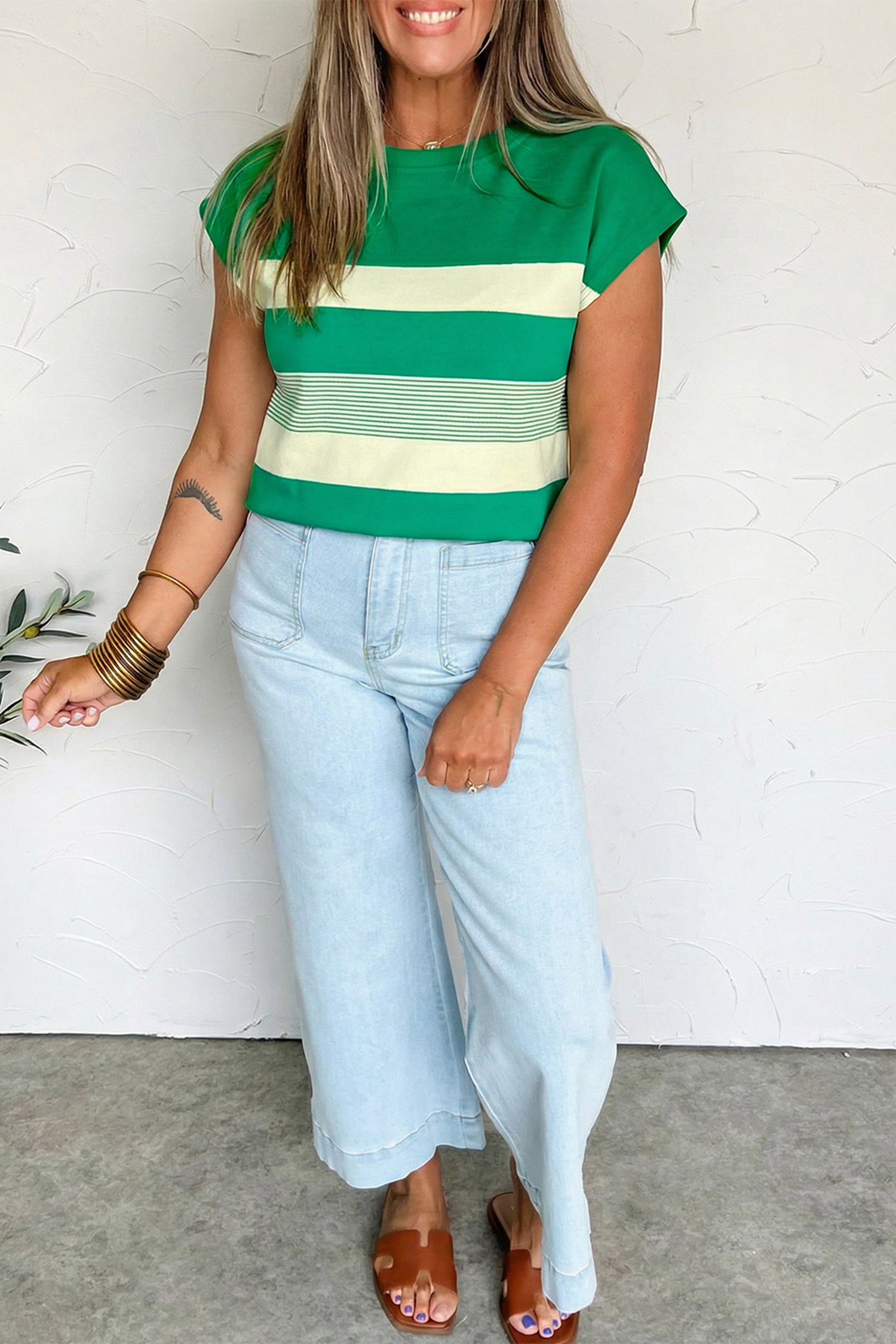 Stripe Mixed Crew Neck Cap Sleeve T-Shirt