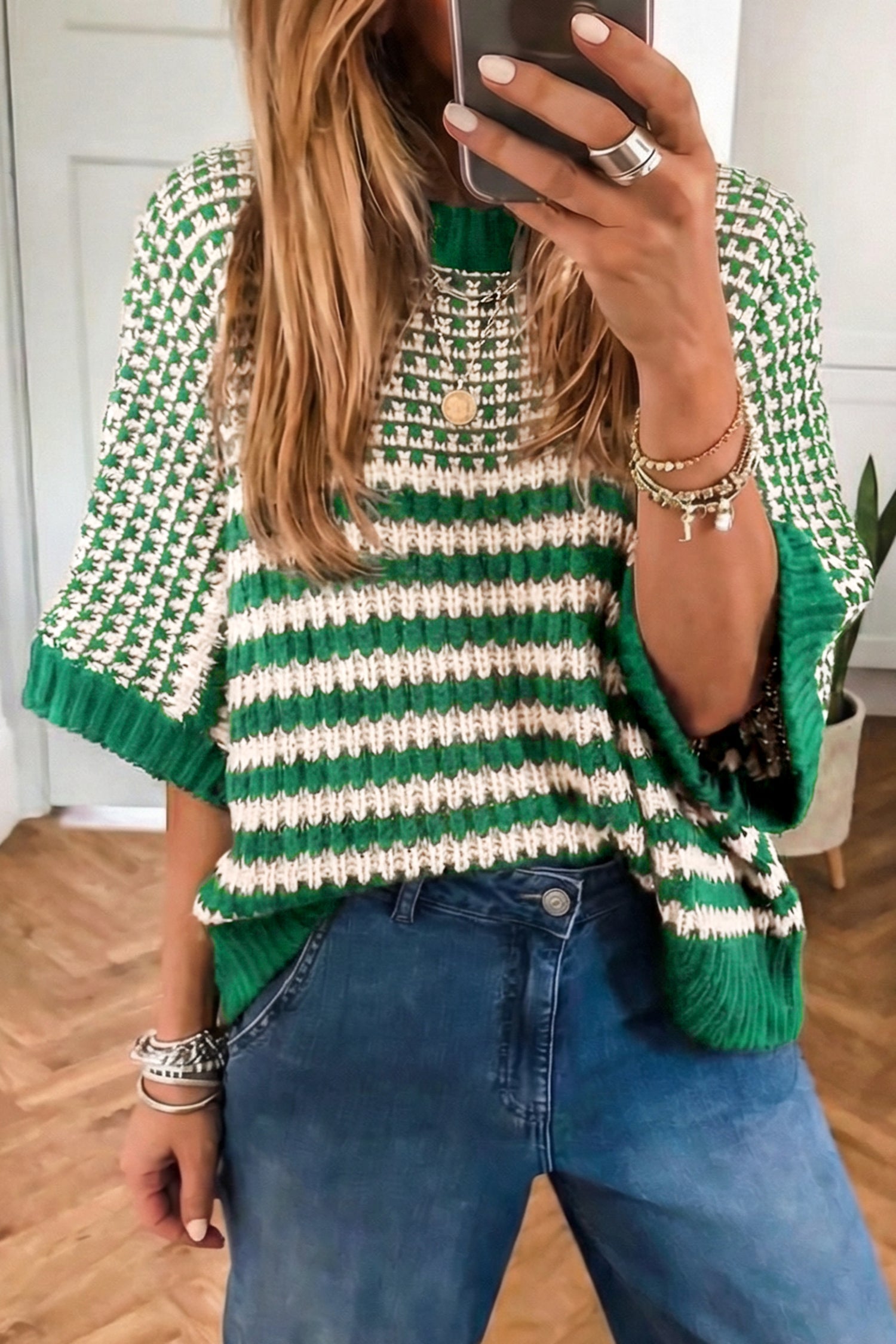Stripe Draped 3/4 Sleeve Slouchy Sweater