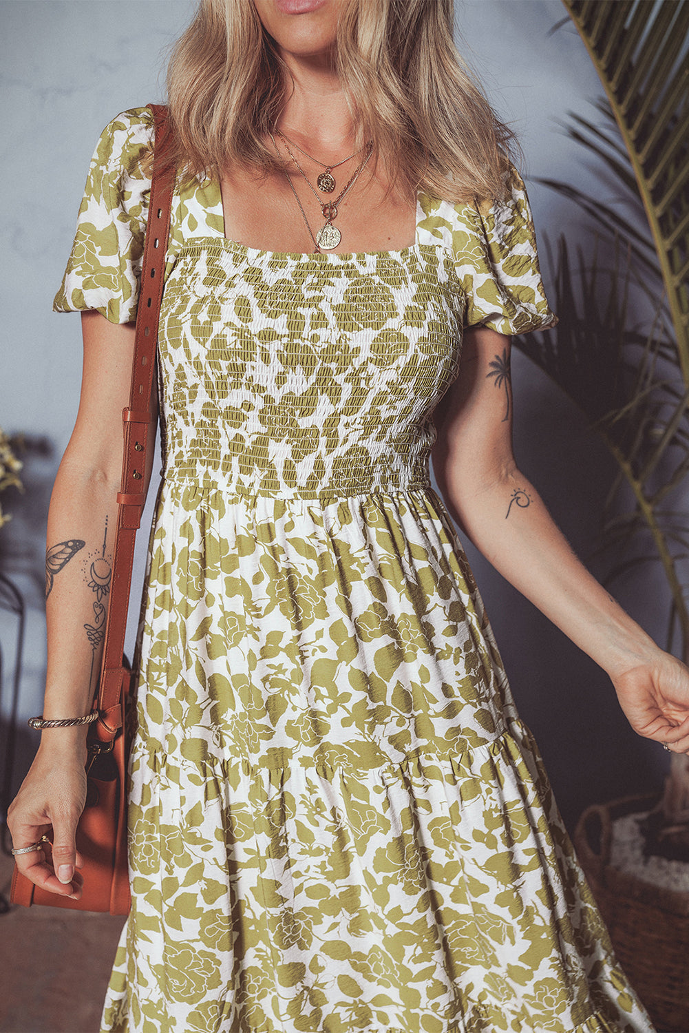 Boho Floral Smocked Square Neck Puff Sleeve Dress