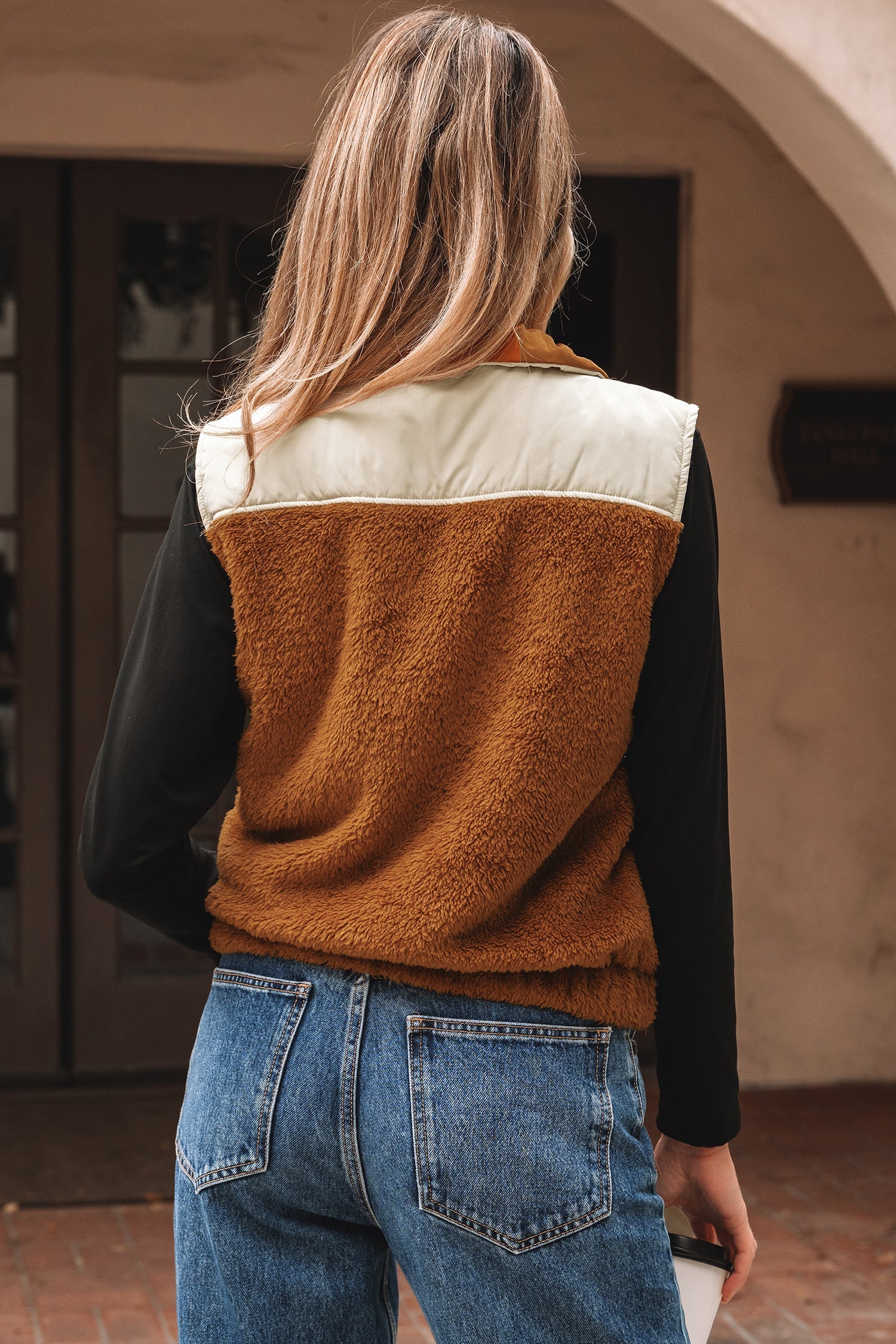Colorblock Plush Patchwork Half-Zip Vest