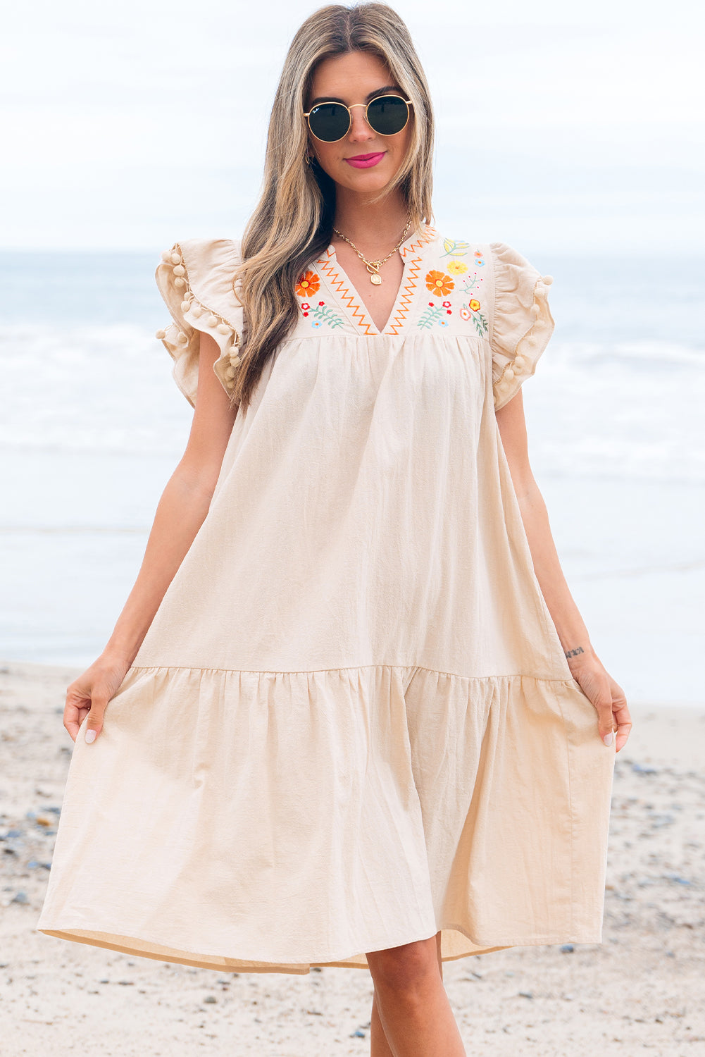 Floral Embroidered Pom Pom Ruffle Sleeve Dress