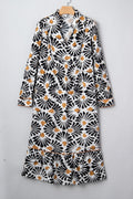Abstract Floral V-Neck Long Sleeve Maxi Dress