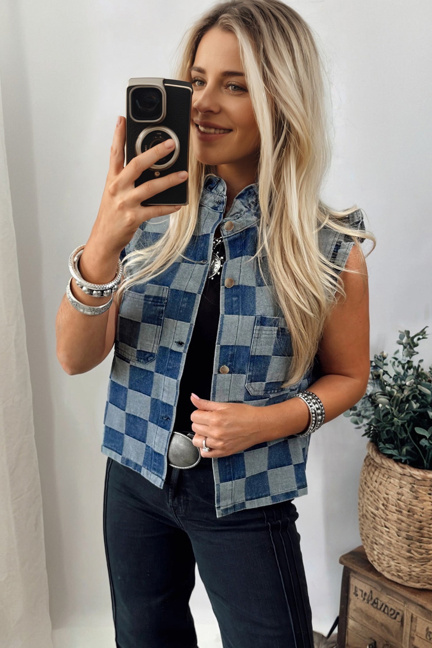 Checker Ruffle Trim Button Down Denim Vest