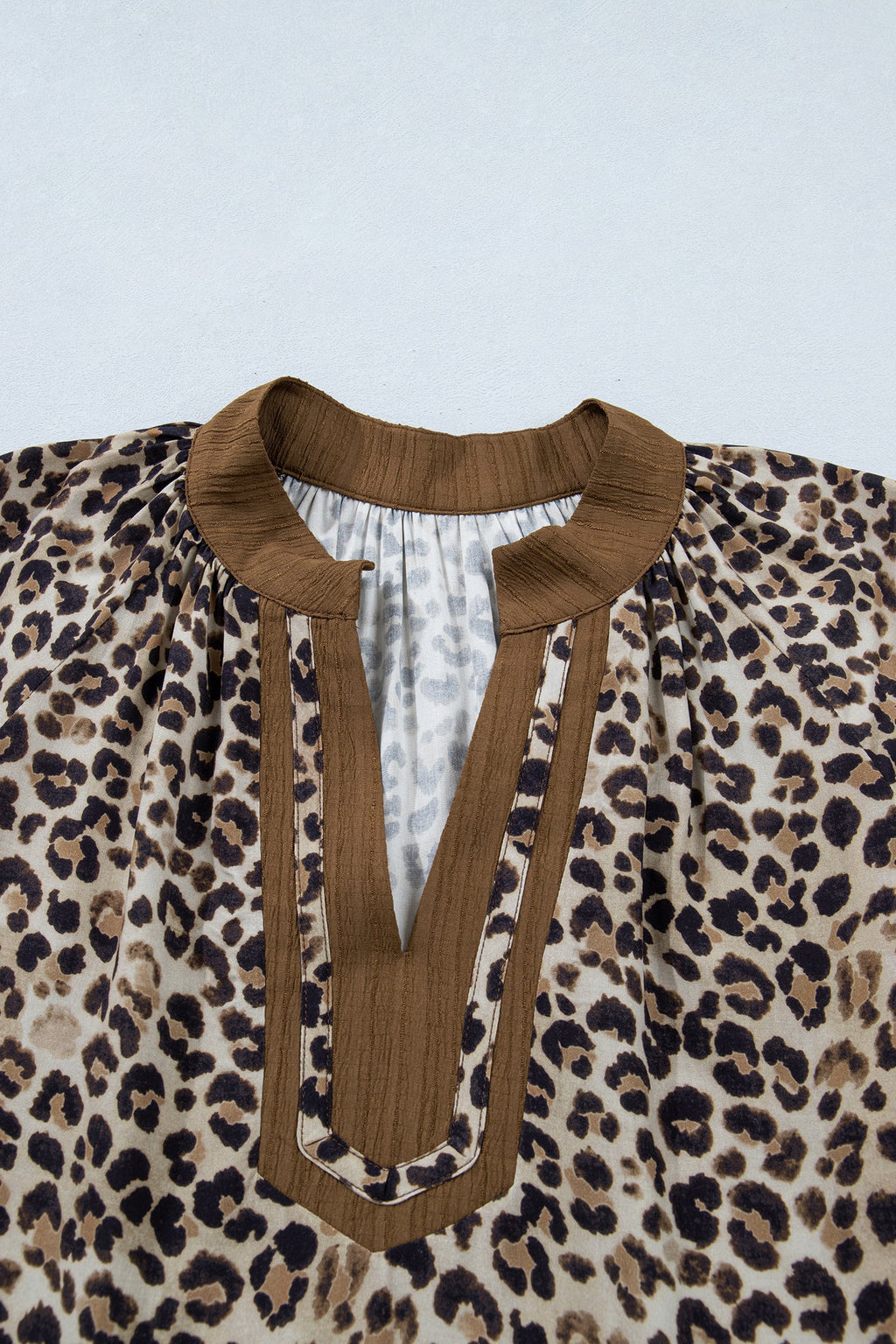 Plus Size Leopard Patchwork Crinkled V-Neck Blouse