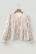 Floral Bow Tie Front Flounce Long Sleeve Blouse