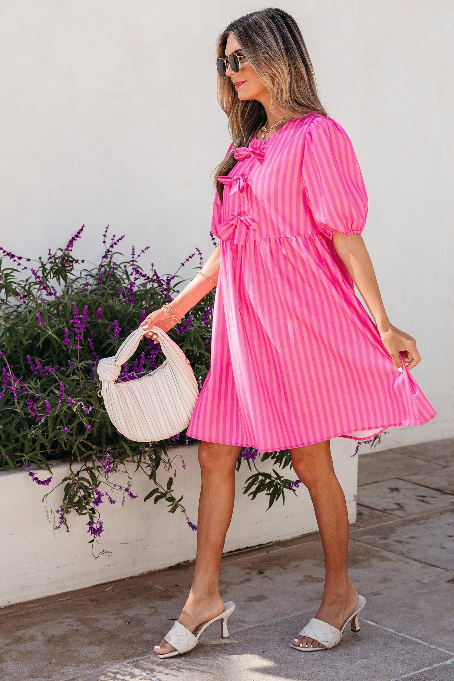 Stripe Bow Tie Front Short Puff Sleeve Dress