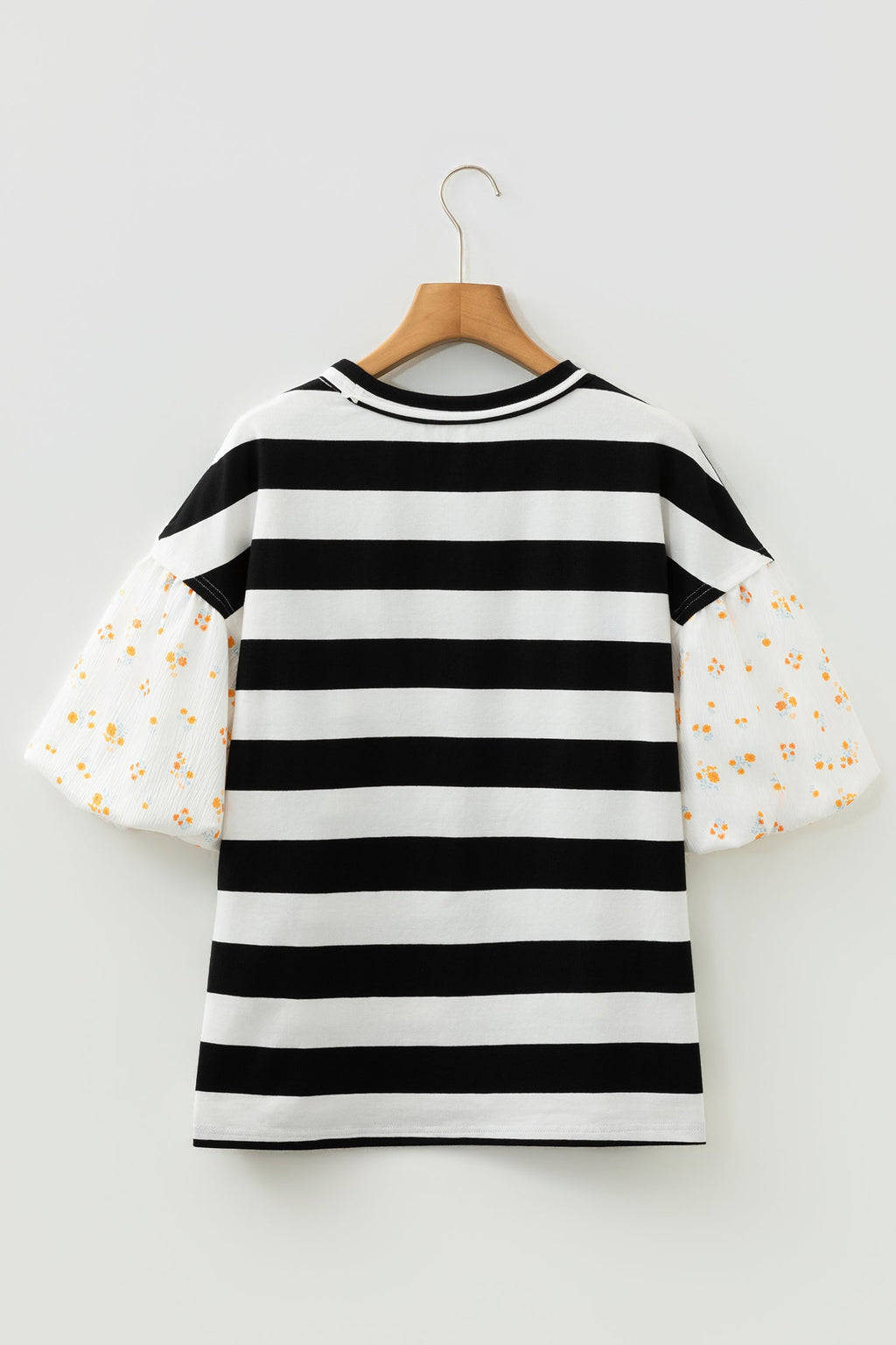 Stripe Floral Patchwork Puff Sleeve Blouse