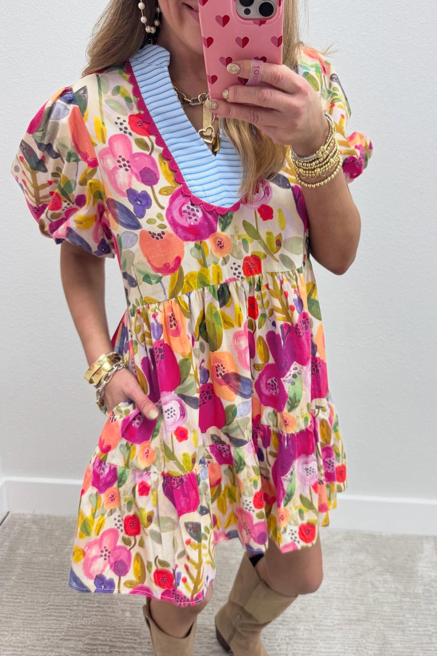 Floral Ricrac Trim Stripe Patchwork V-Neck Dress