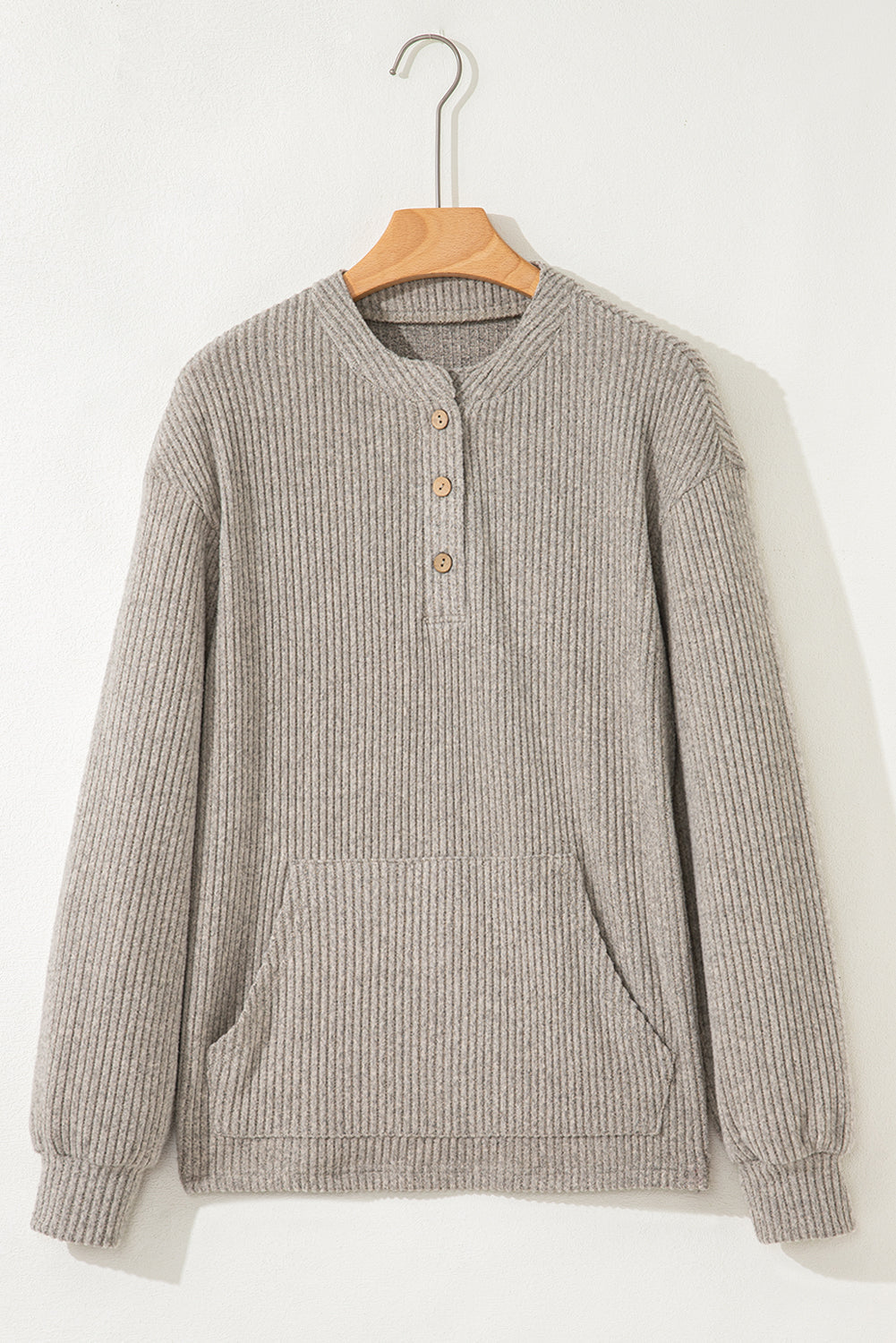 Solid Ribbed Knit Drop Shoulder Henley Top