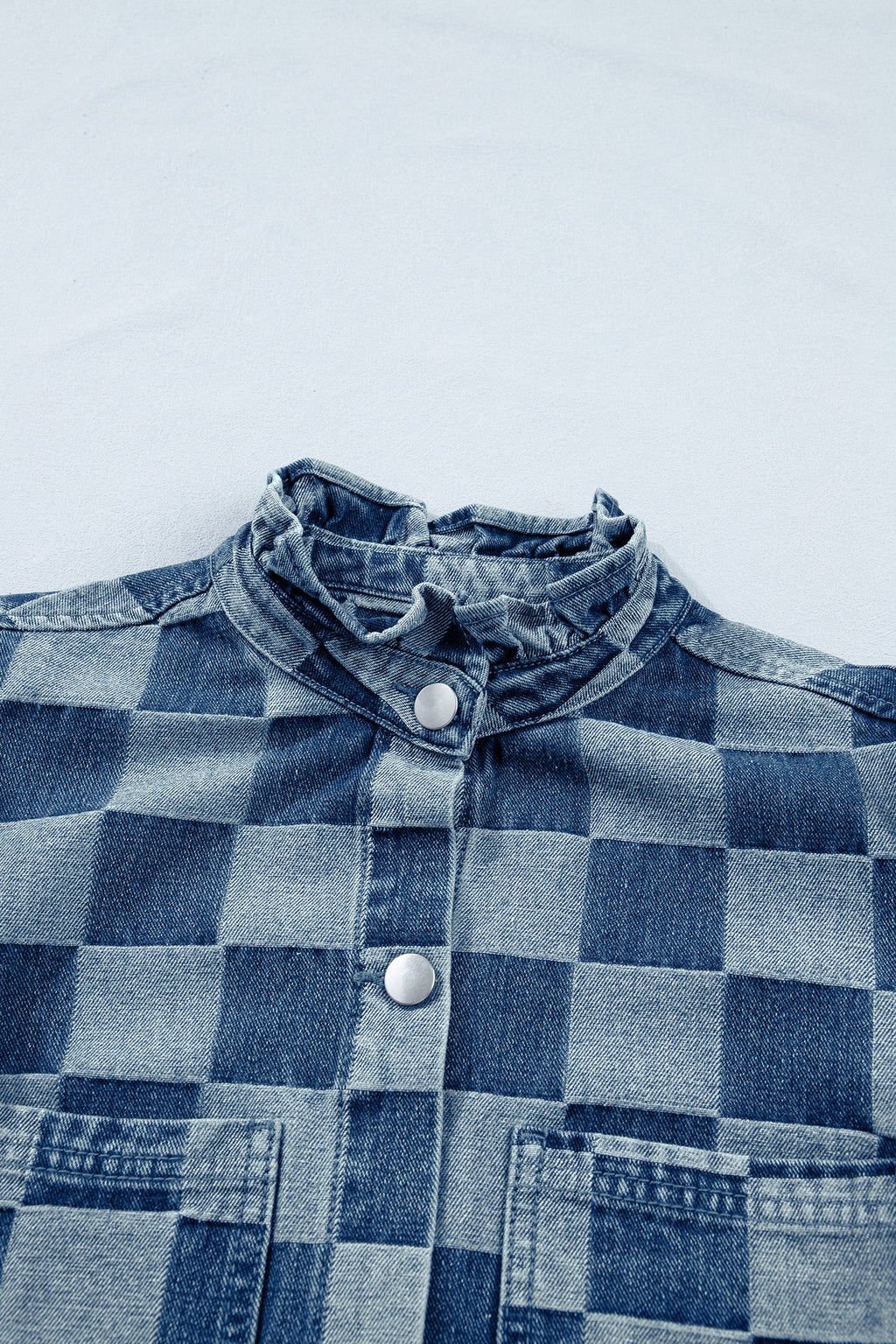 Checker Ruffle Trim Button Down Denim Vest