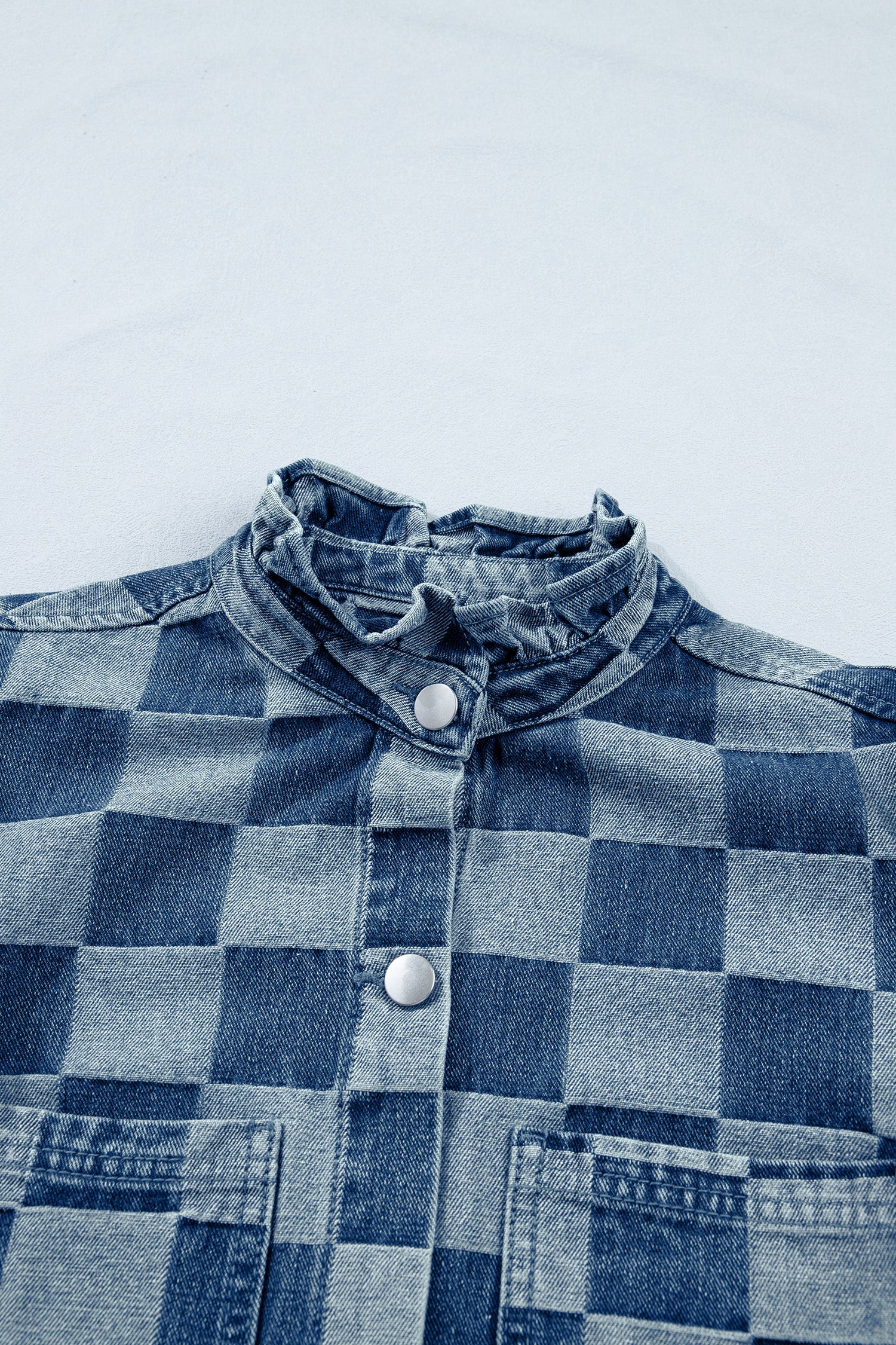 Checker Ruffle Trim Button Down Denim Vest