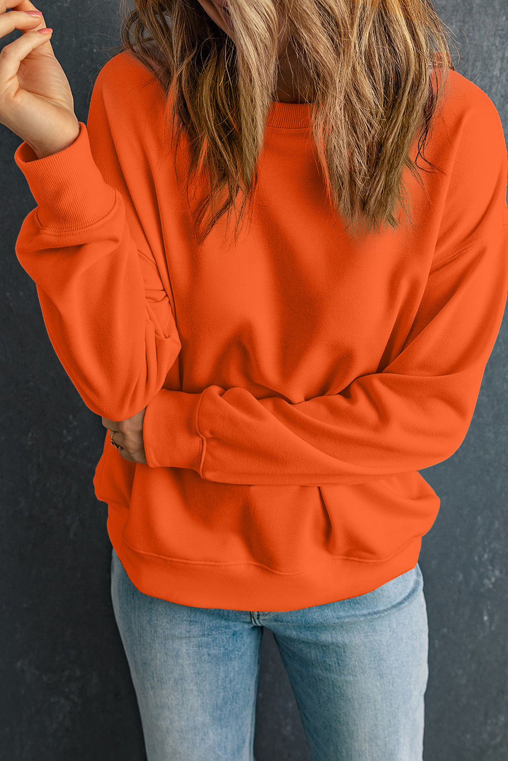 Solid Drop Shoulder Crewneck Pullover Sweatshirt