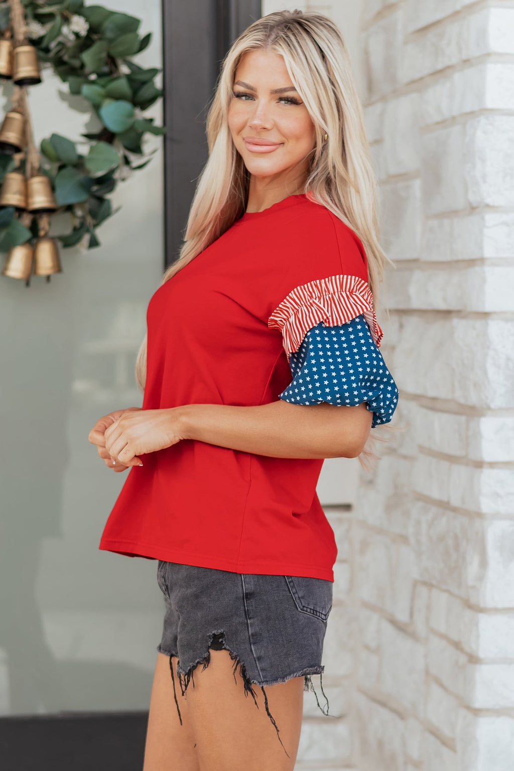 Stars & Stripe Patchwork Short Puff Sleeve Top