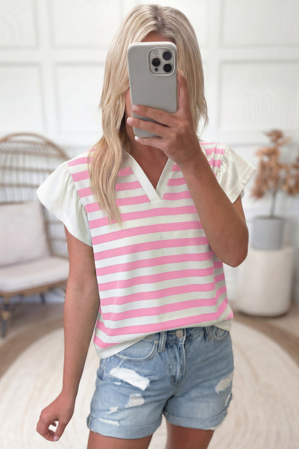 Stripe Collar V-Neck Ruffle Short Sleeve Blouse