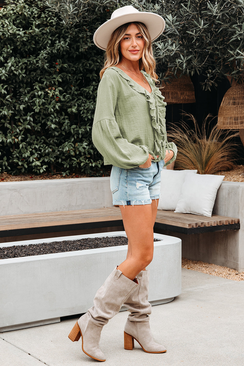 Solid Tie Front V-Neck Ruffle Trim Blouse