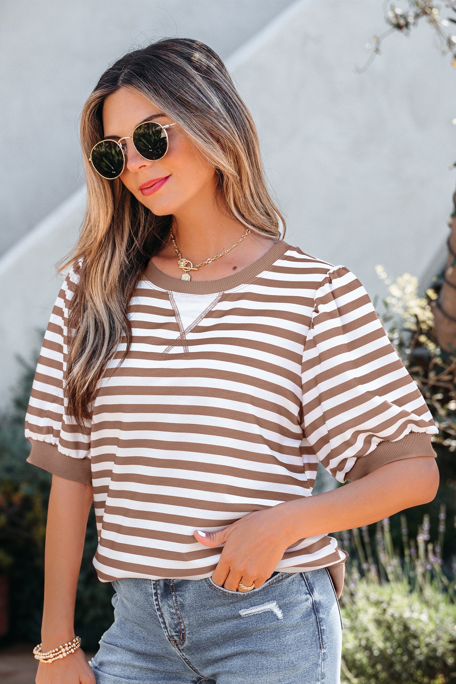 Stripe Short Bubble Sleeve T-Shirt