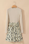 Leopard Patchwork Ribbed Knit Belted Dress