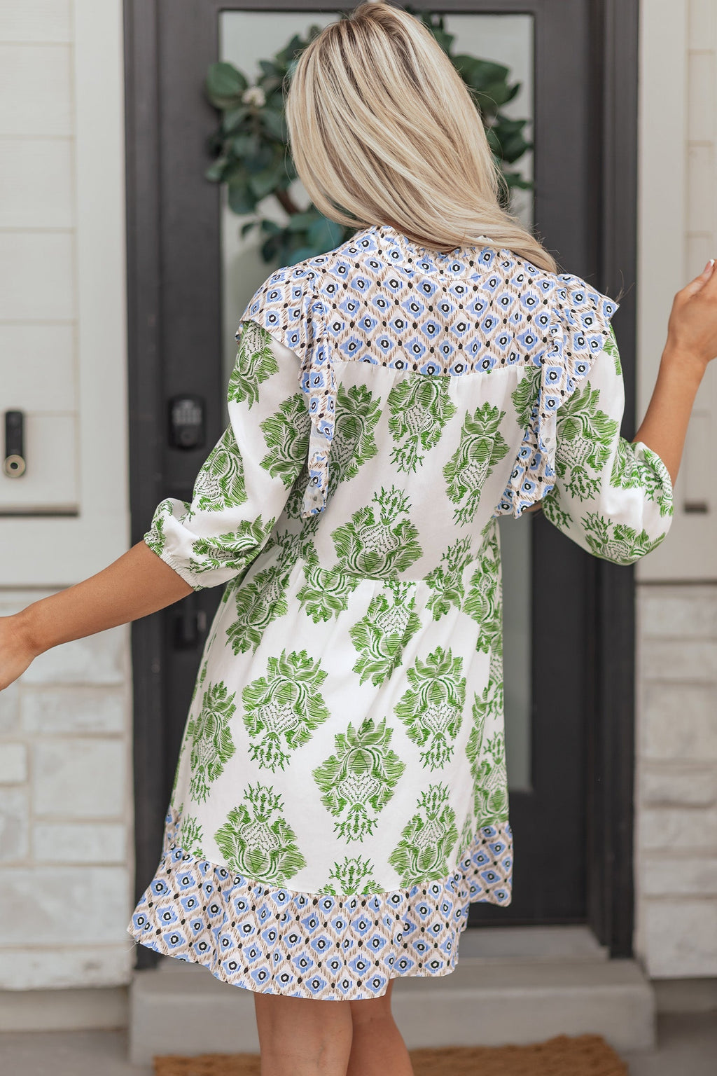 Floral Patchwork Ruffle 3/4 Sleeve Mini Dress