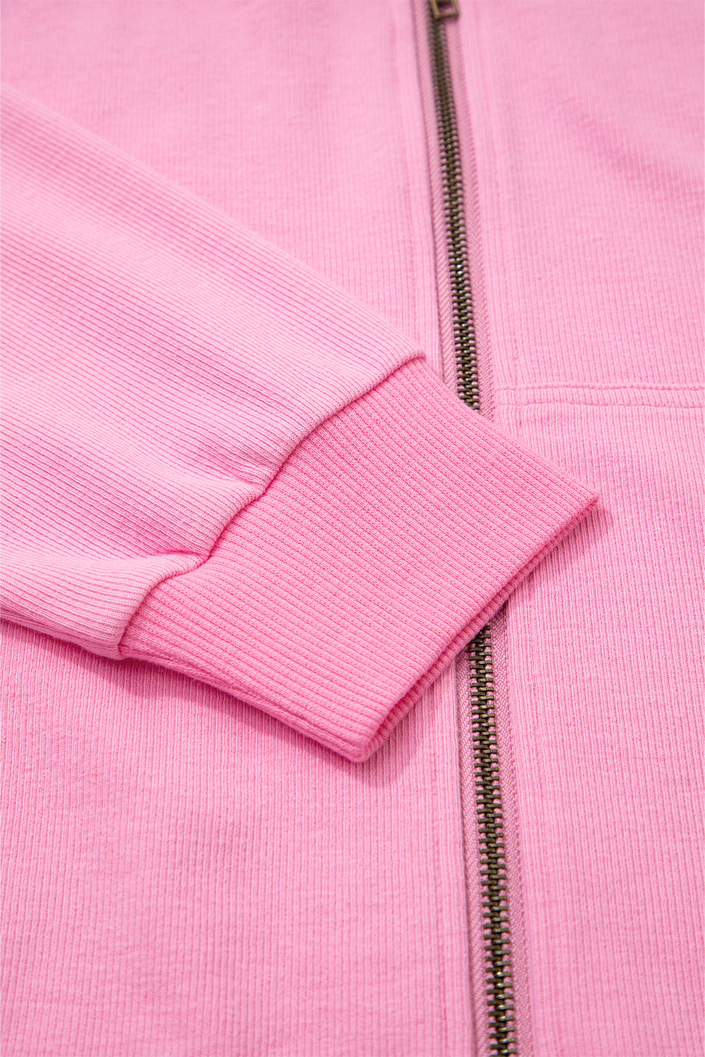 Solid Ribbed Zip-Up Drawstring Hooded Jacket