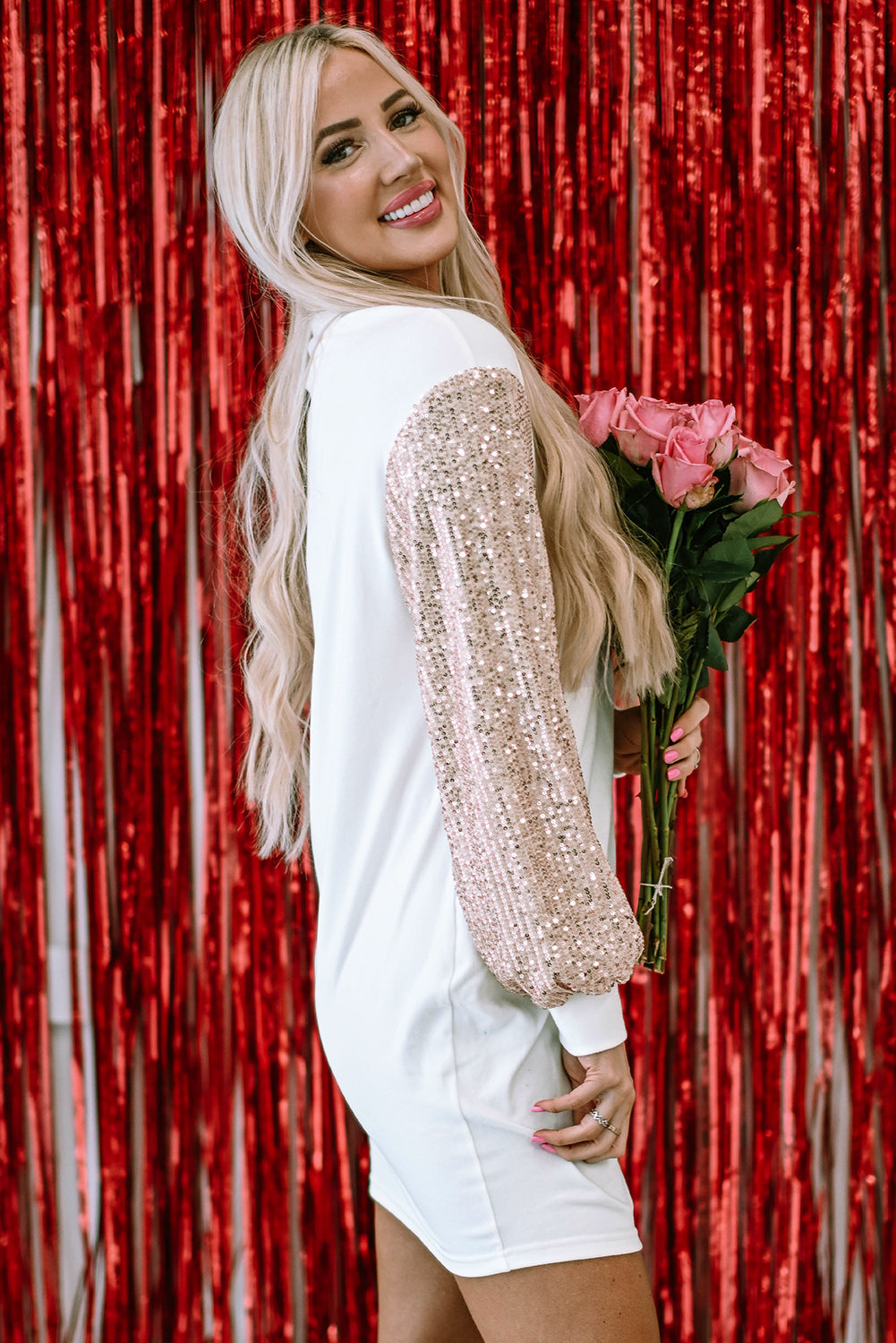 Sequin Patchwork Puff Sleeve Mini Dress