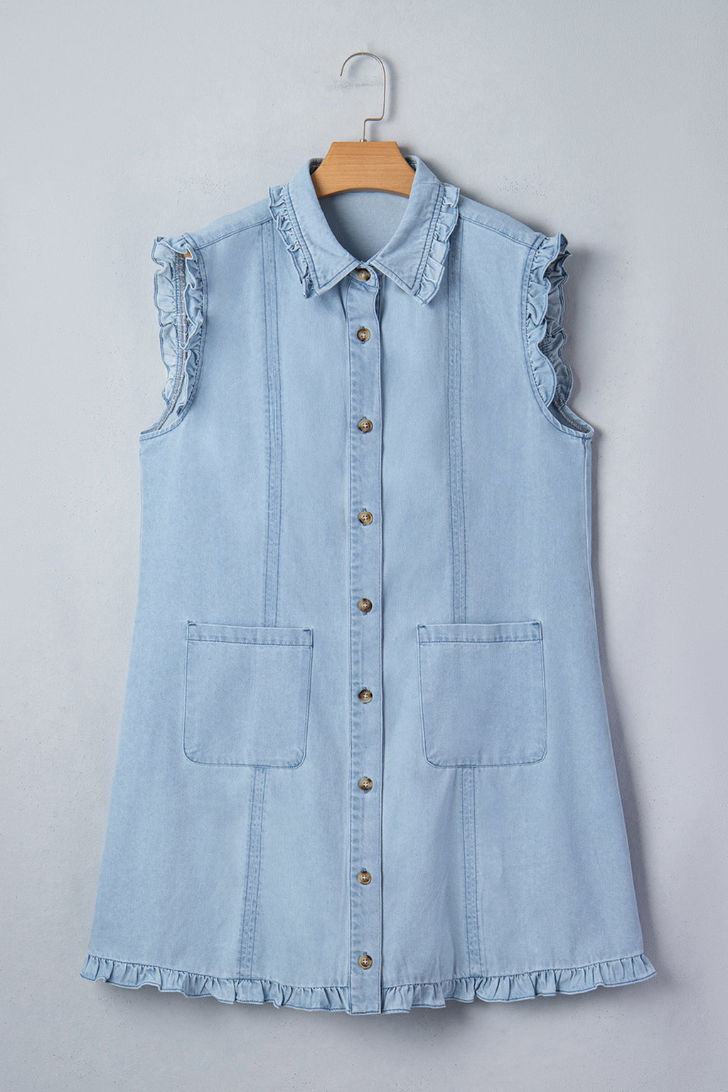 Denim Ruffle Edge Collared Dress w/ Pockets