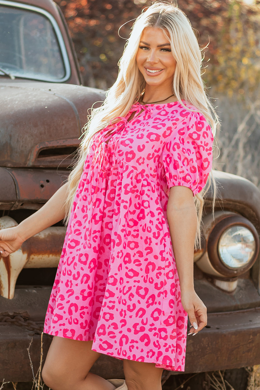 Leopard Puff Sleeve Tie-Front Mini Dress