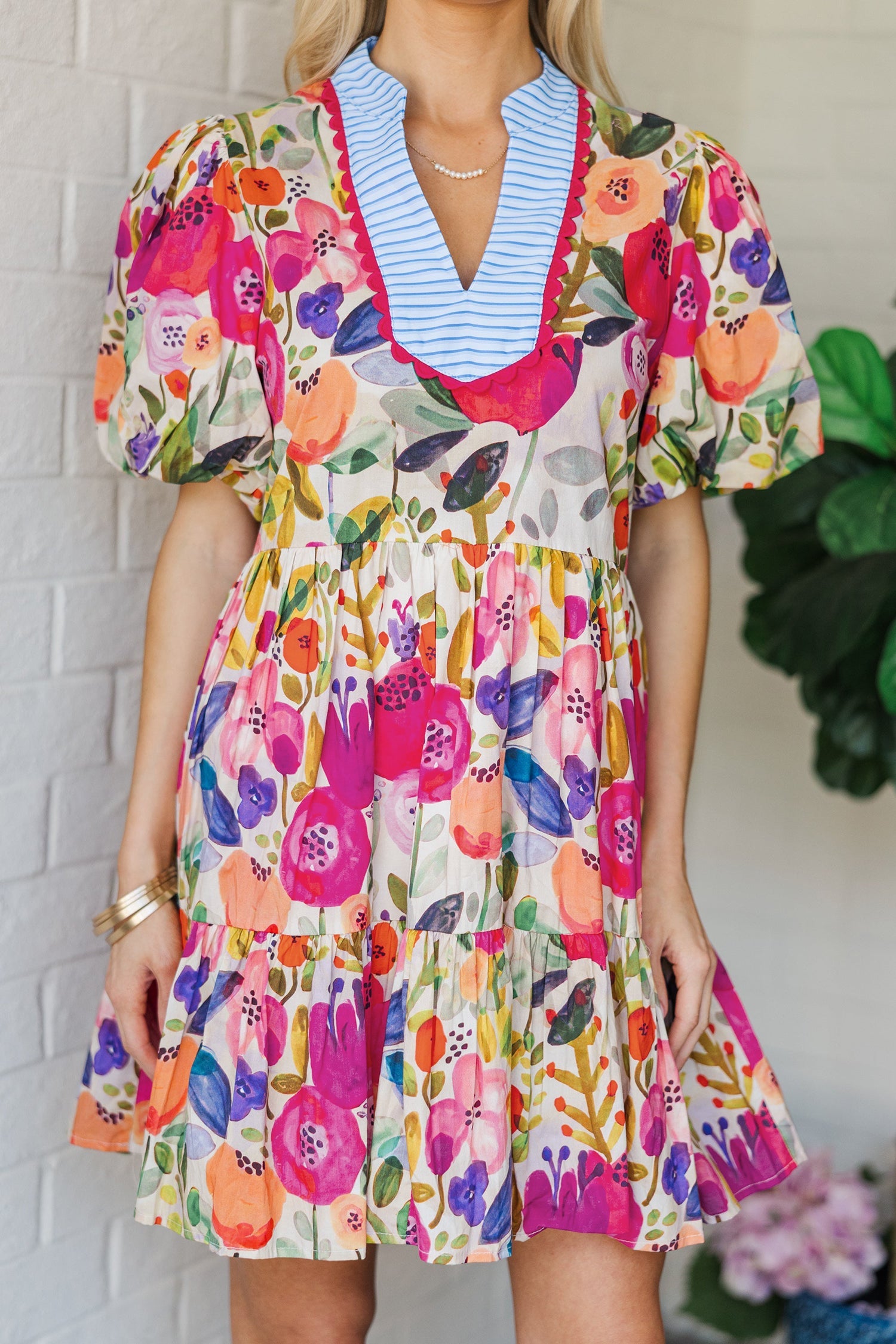 Floral Ricrac Trim Stripe Patchwork V-Neck Dress