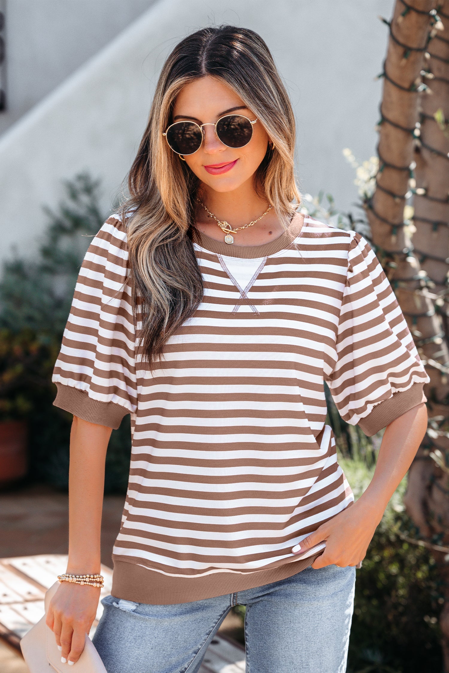 Stripe Short Bubble Sleeve T-Shirt