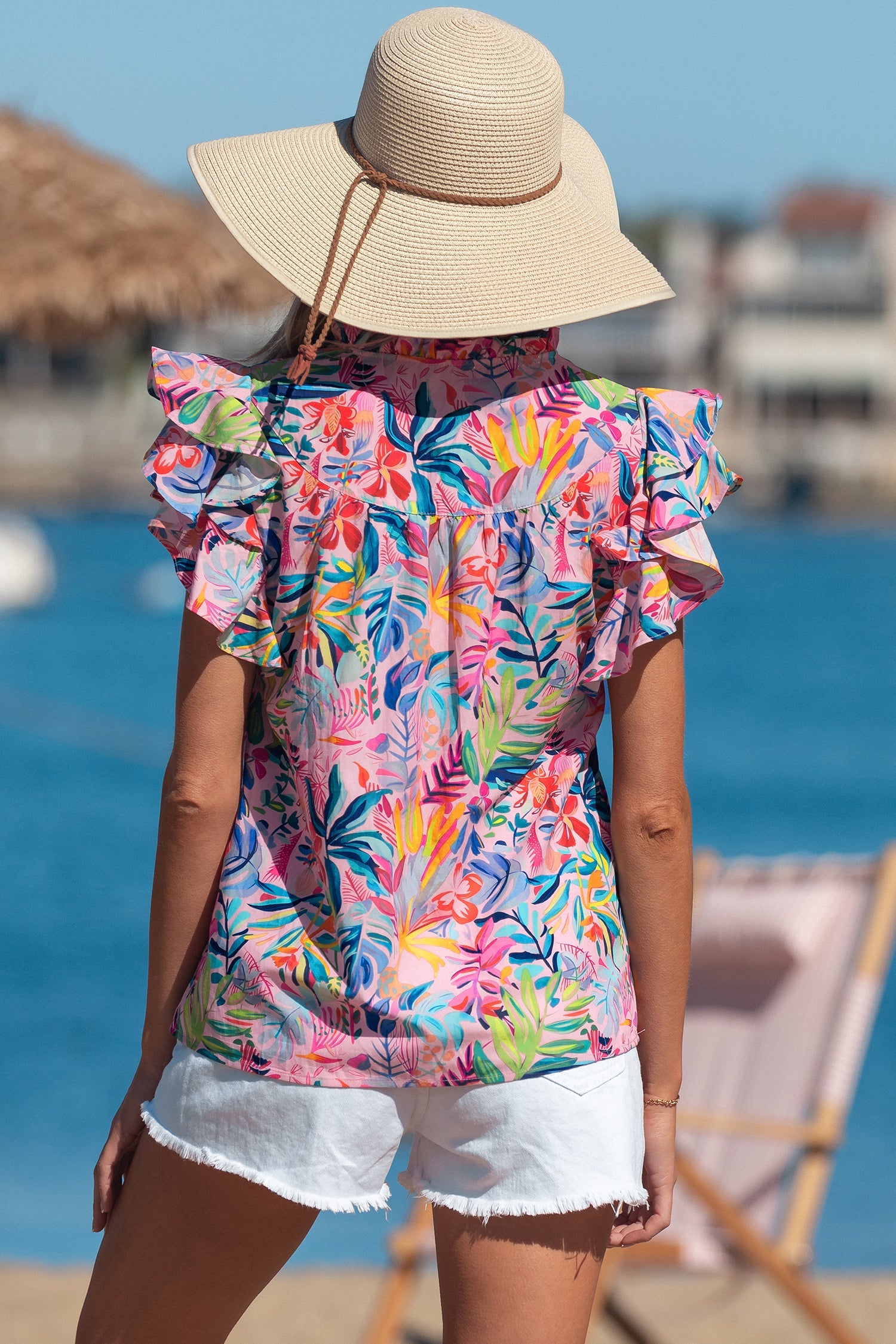 Floral Frilled Notch Neck Ruffle Sleeve Blouse