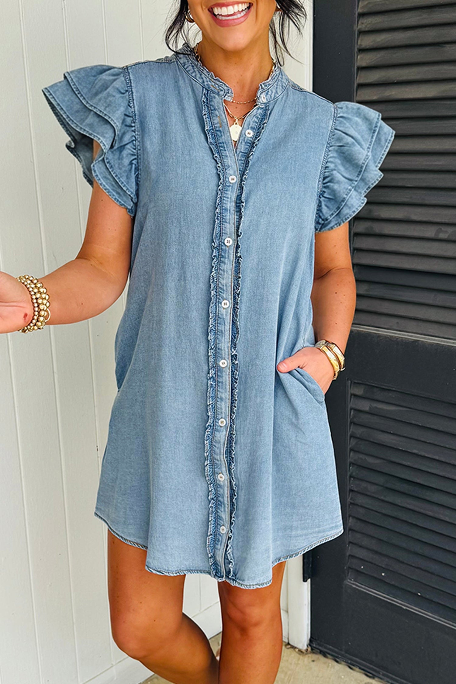 Solid Denim Frilled Ruffle Sleeve Buttoned Mini Dress