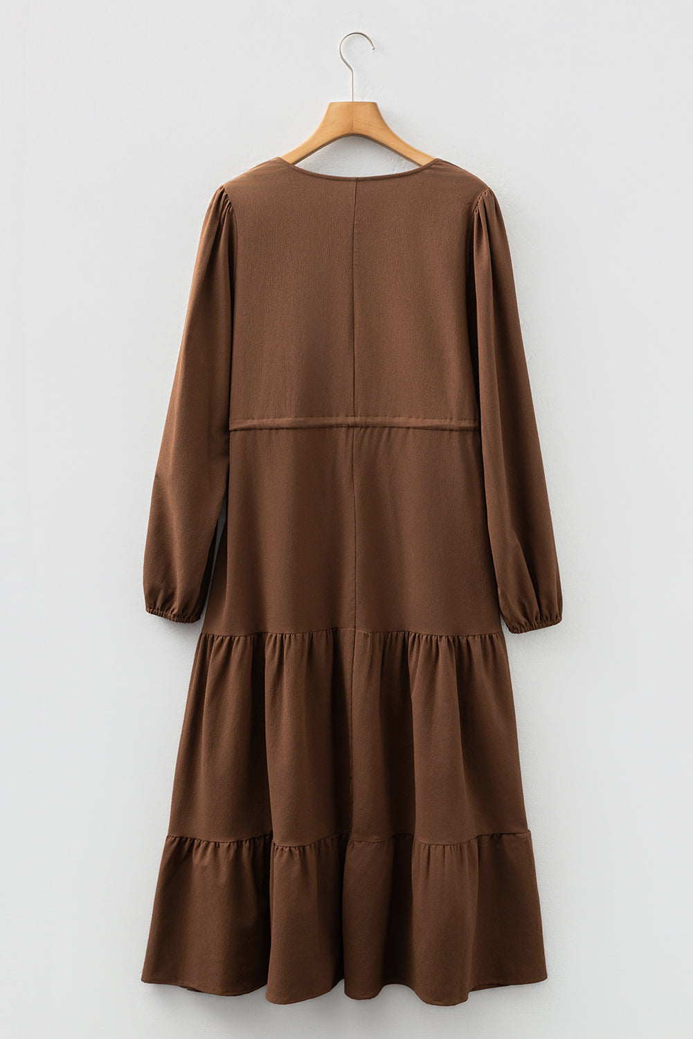 Solid Buttoned V-Neck Long Sleeve Tiered Maxi Dress