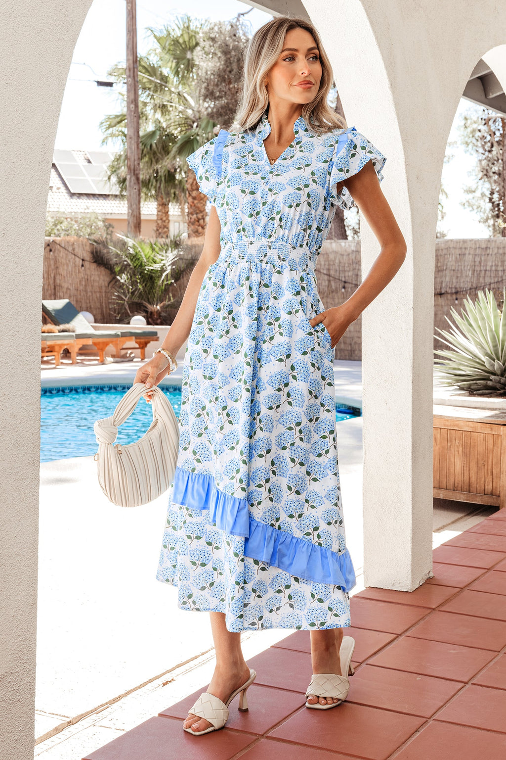 Floral Hydrangea Ruffle Trim Flutter Sleeve Maxi Dress
