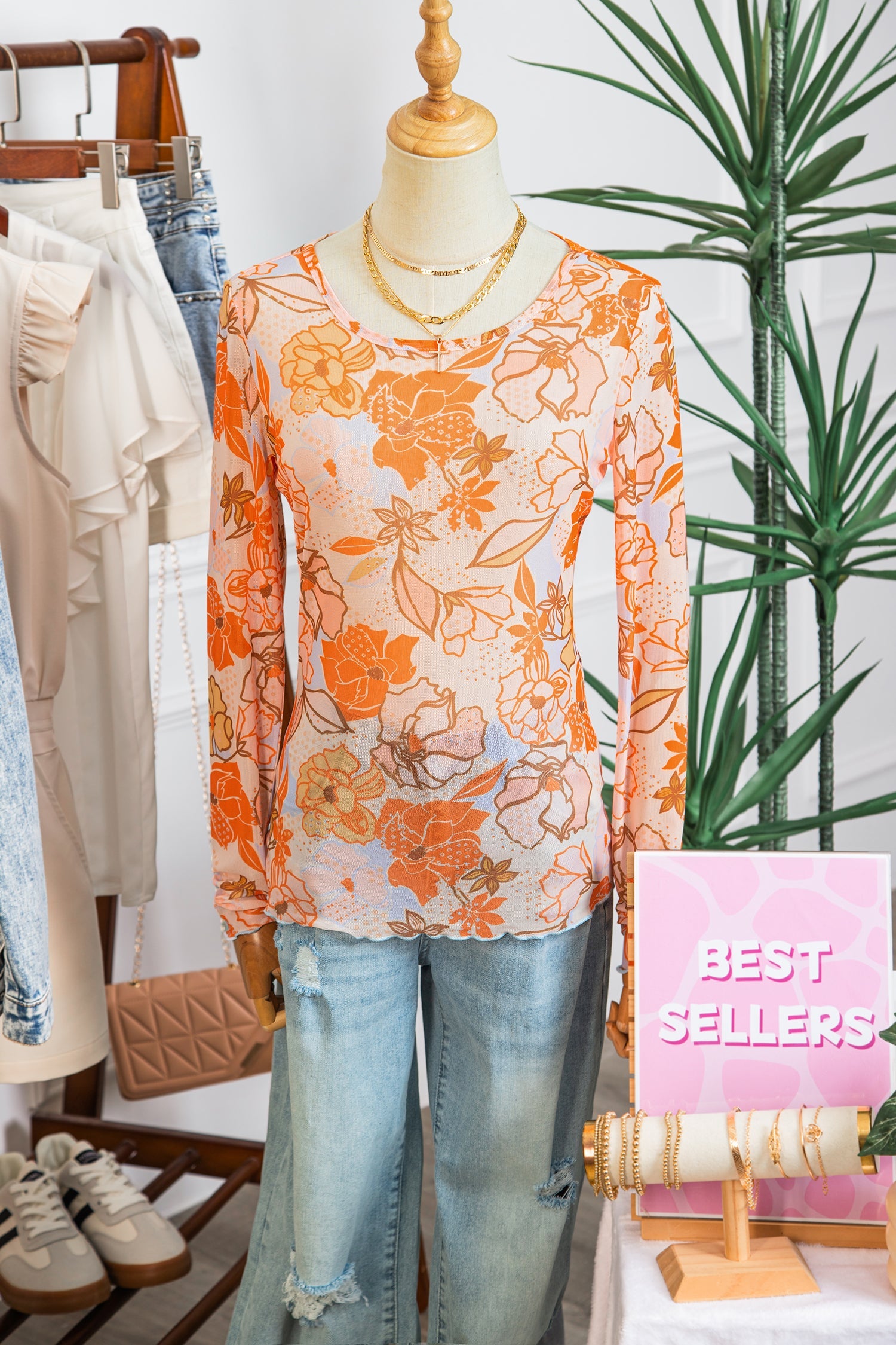 Floral Mesh Lettuce Trim Long Sleeve Top