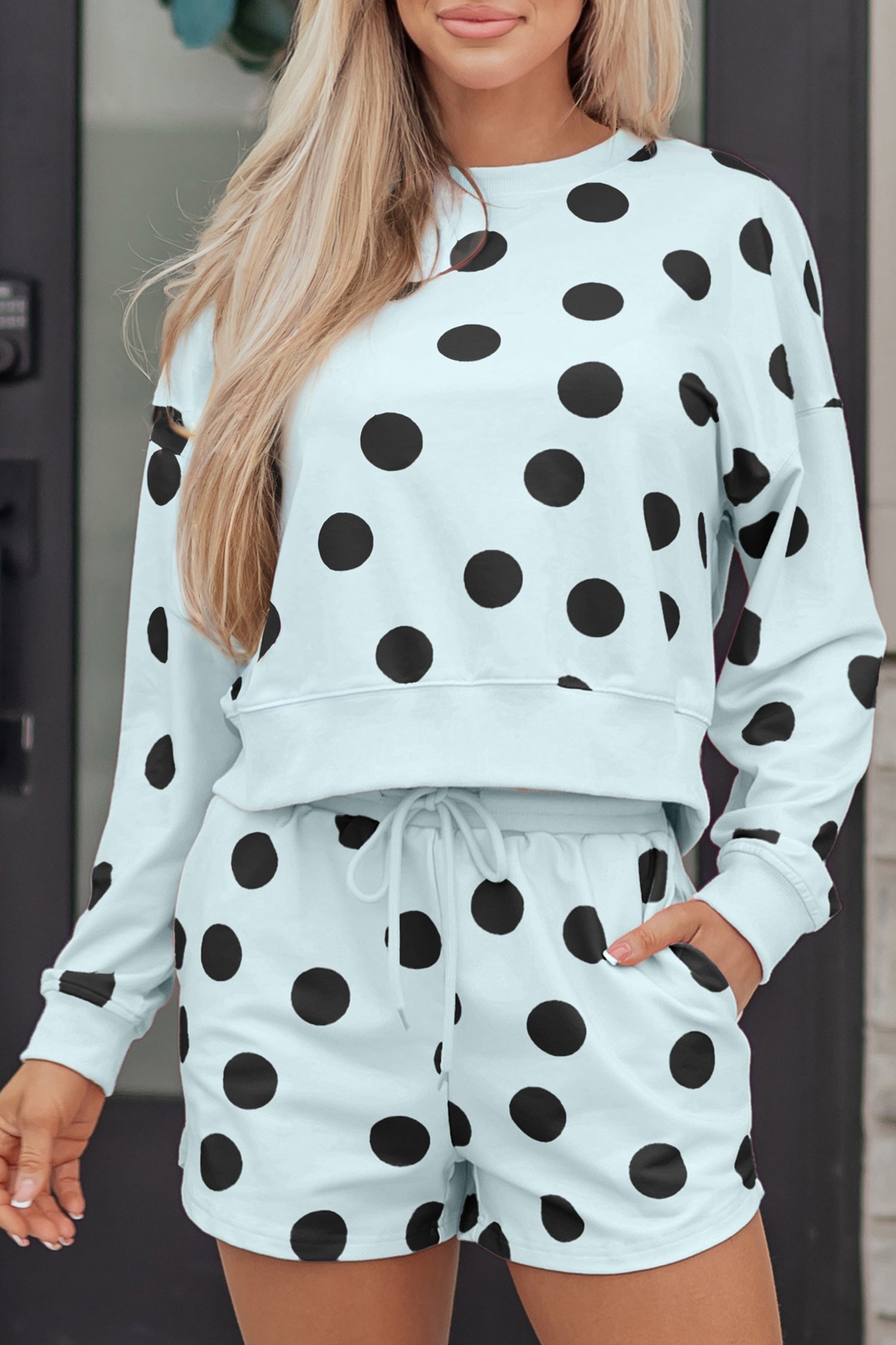 Polka Dot Pullover and Drawstring Shorts Set