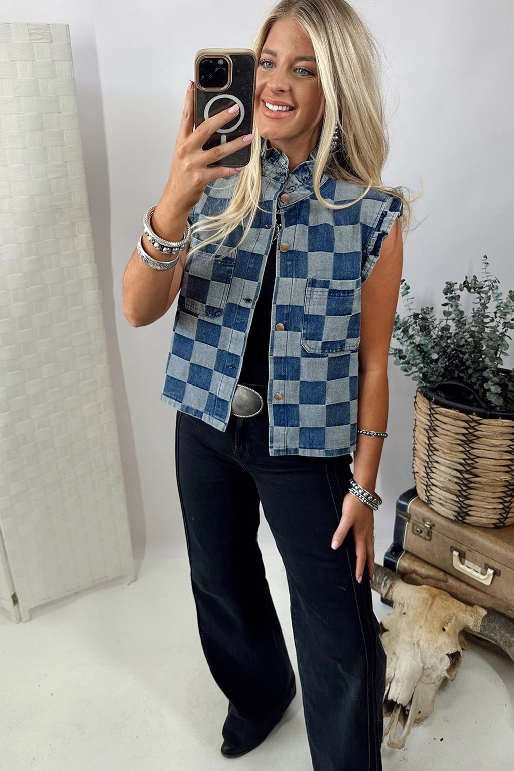 Checker Ruffle Trim Button Down Denim Vest