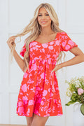 Floral Bubble Sleeve Sweetheart Neck Ruffle Mini Dress