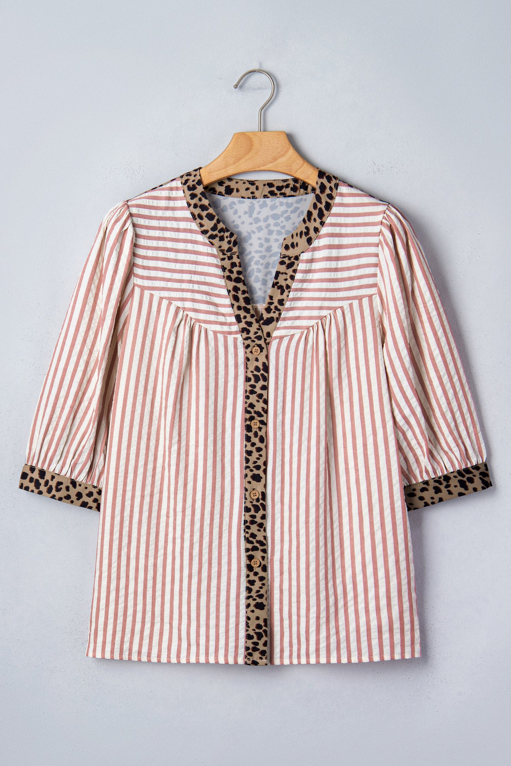 Stripe Leopard Trim V-Neck Buttoned Short Sleeve Shirt