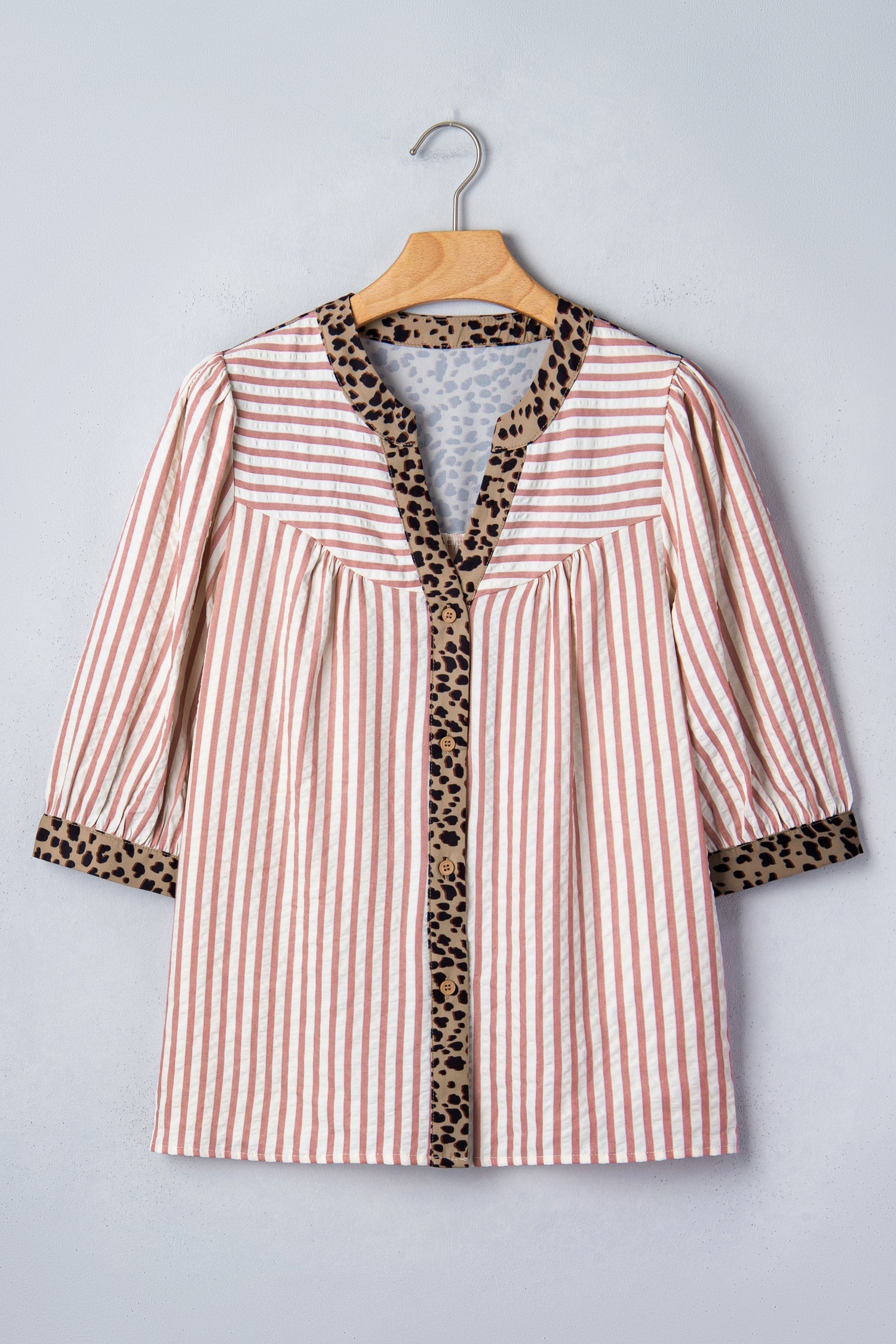 Stripe Leopard Trim V-Neck Buttoned Short Sleeve Shirt