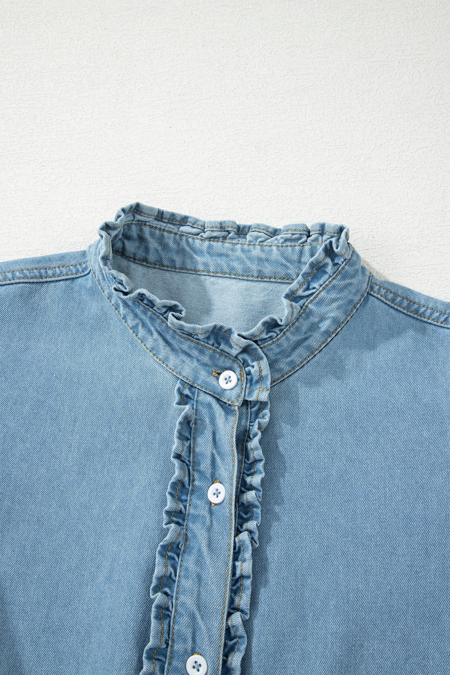 Solid Denim Frilled Ruffle Sleeve Buttoned Mini Dress