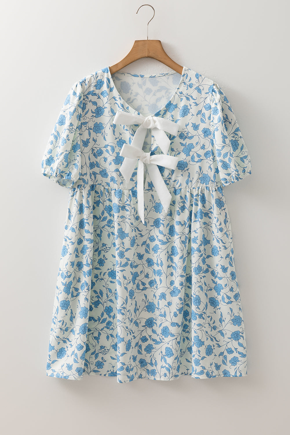 Floral Contrast Bow Puff Sleeve Mini Dress