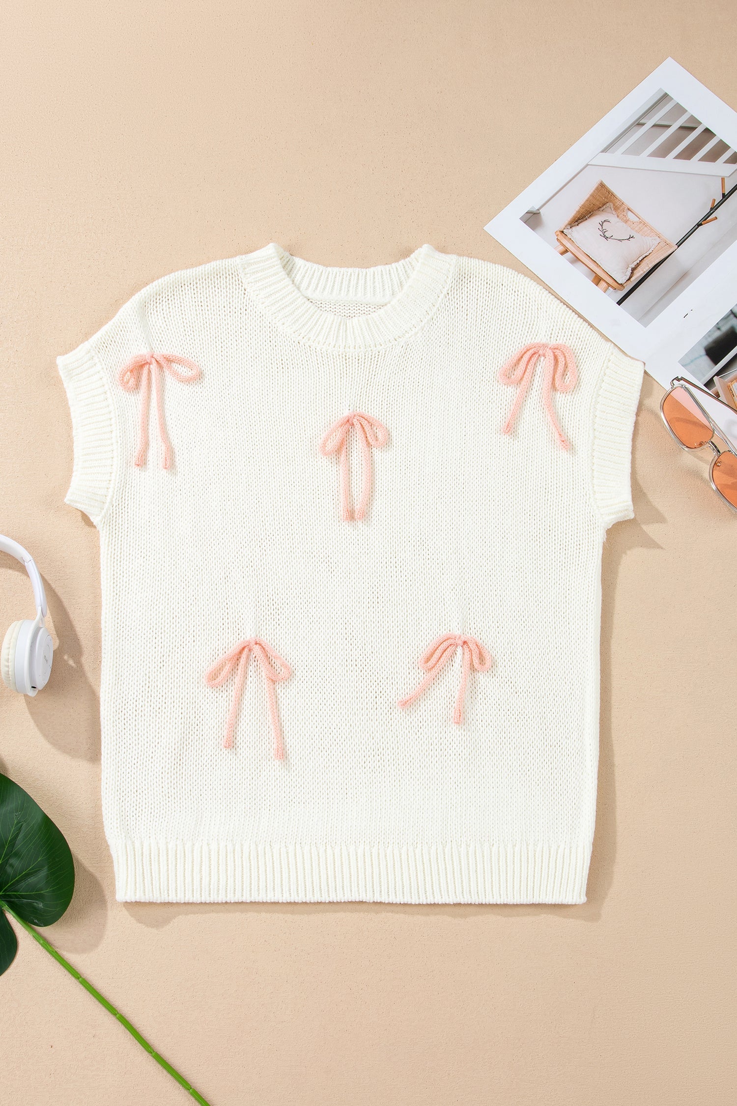 Contrast Bow Tie Short Sleeve Knit Sweater