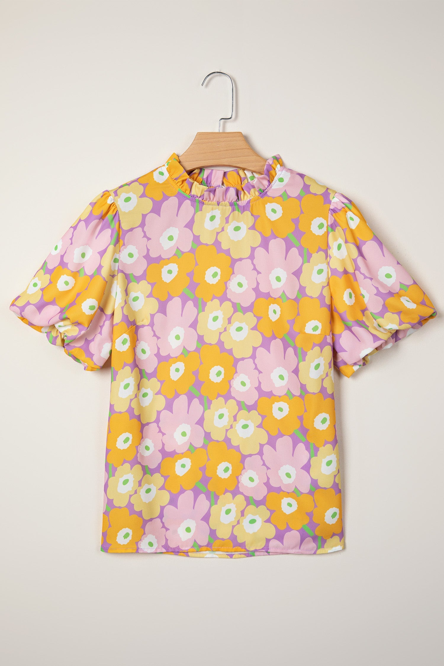 Floral Frilled Neck Puff Short Sleeve Top