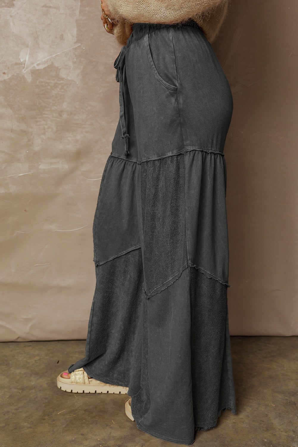 Mineral Wash Patchwork Tiered Wide Leg Pants