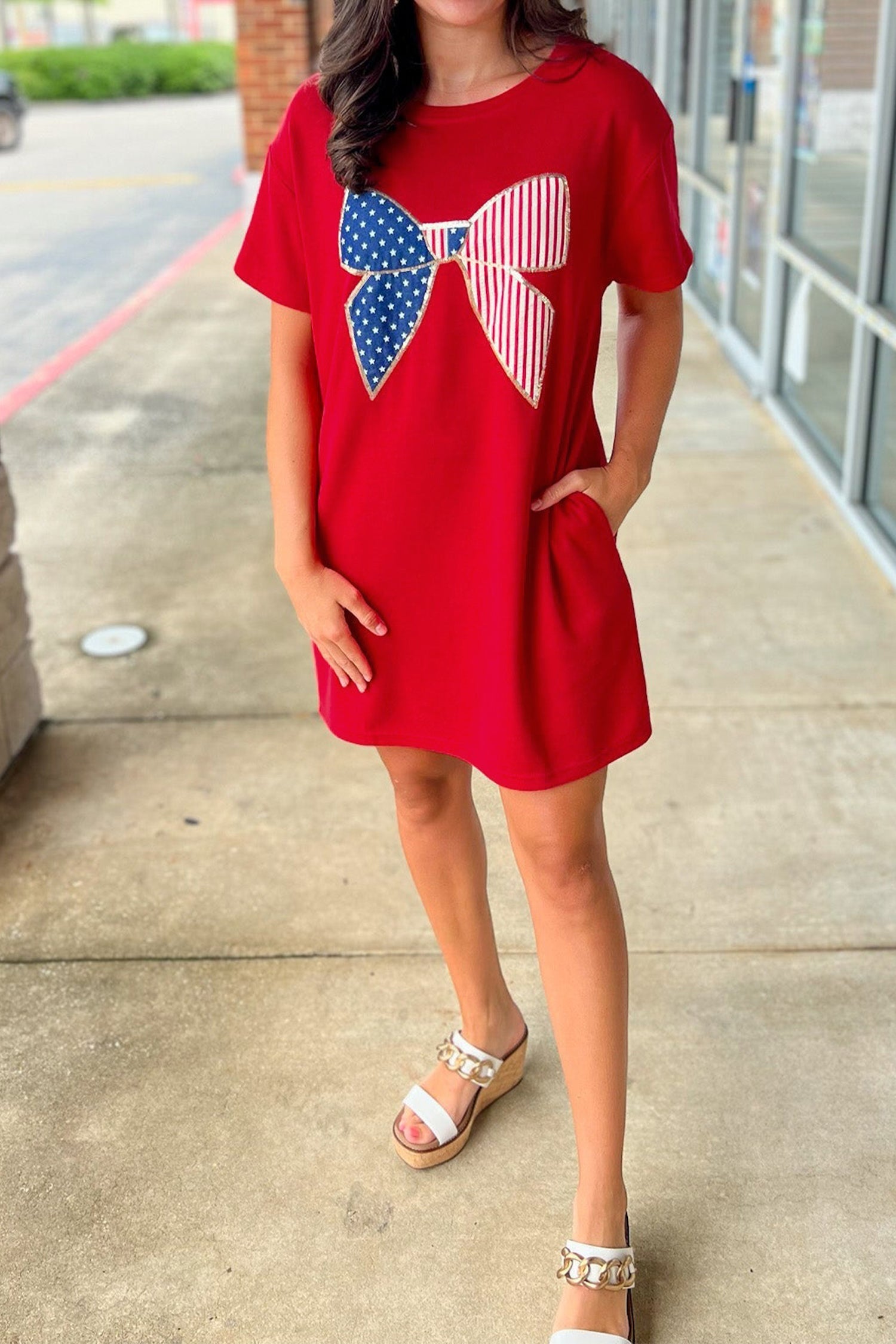 Stars & Stripes Bow Sequin Trim Mini Dress