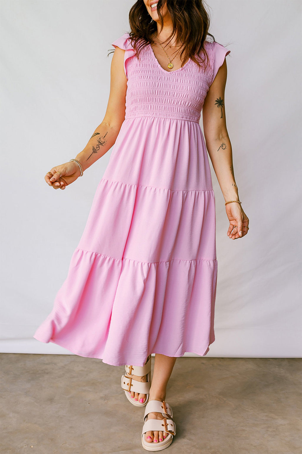 Smocked V-Neck Flutter Sleeve Tiered Midi Dress