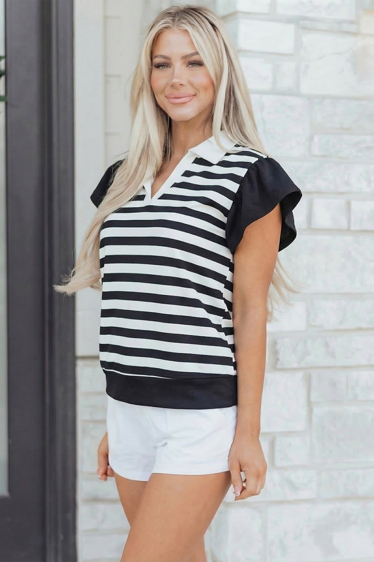 Stripe Collar V-Neck Ruffle Short Sleeve Blouse