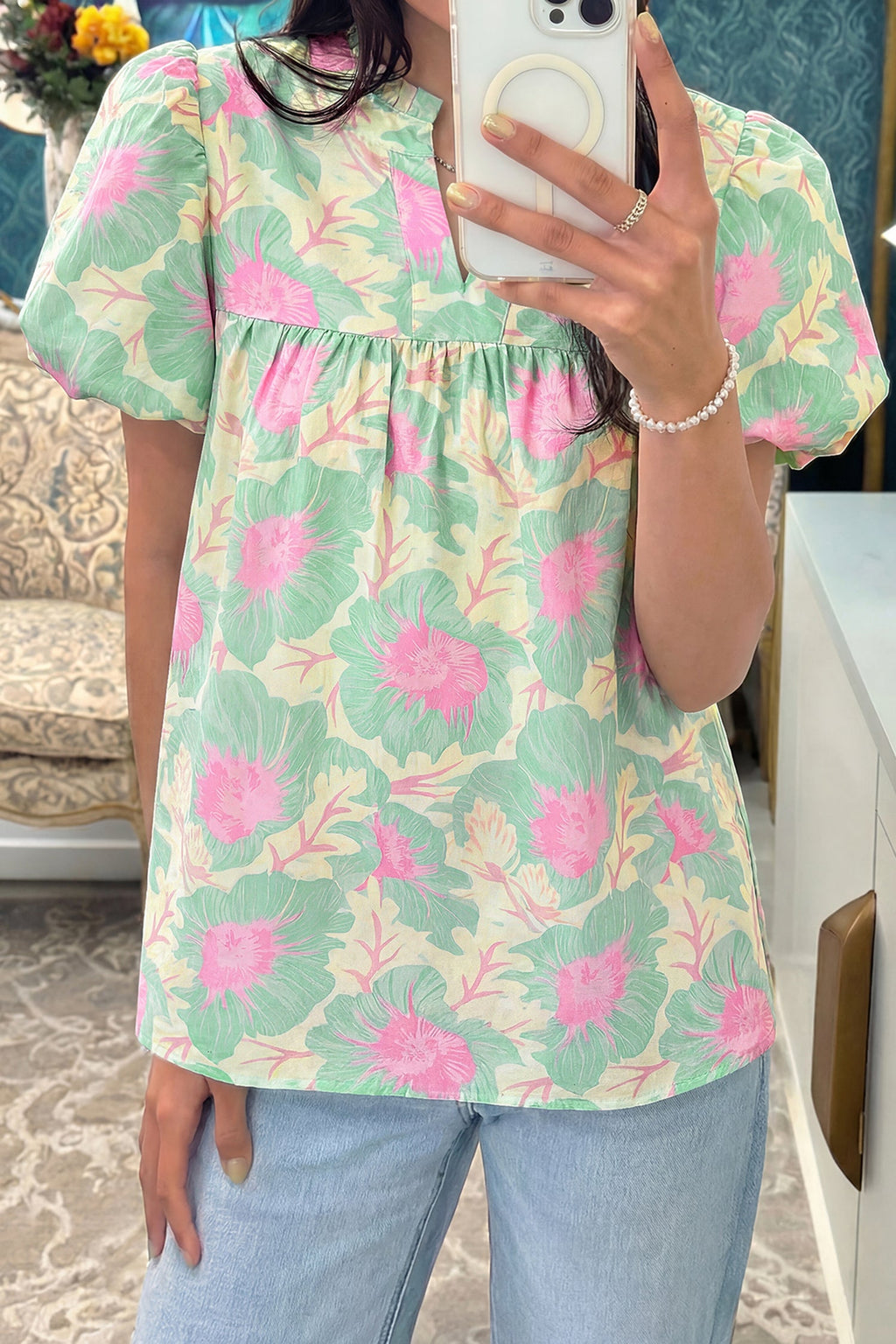Floral Frilled V-Neck Bubble Sleeve Babydoll Blouse