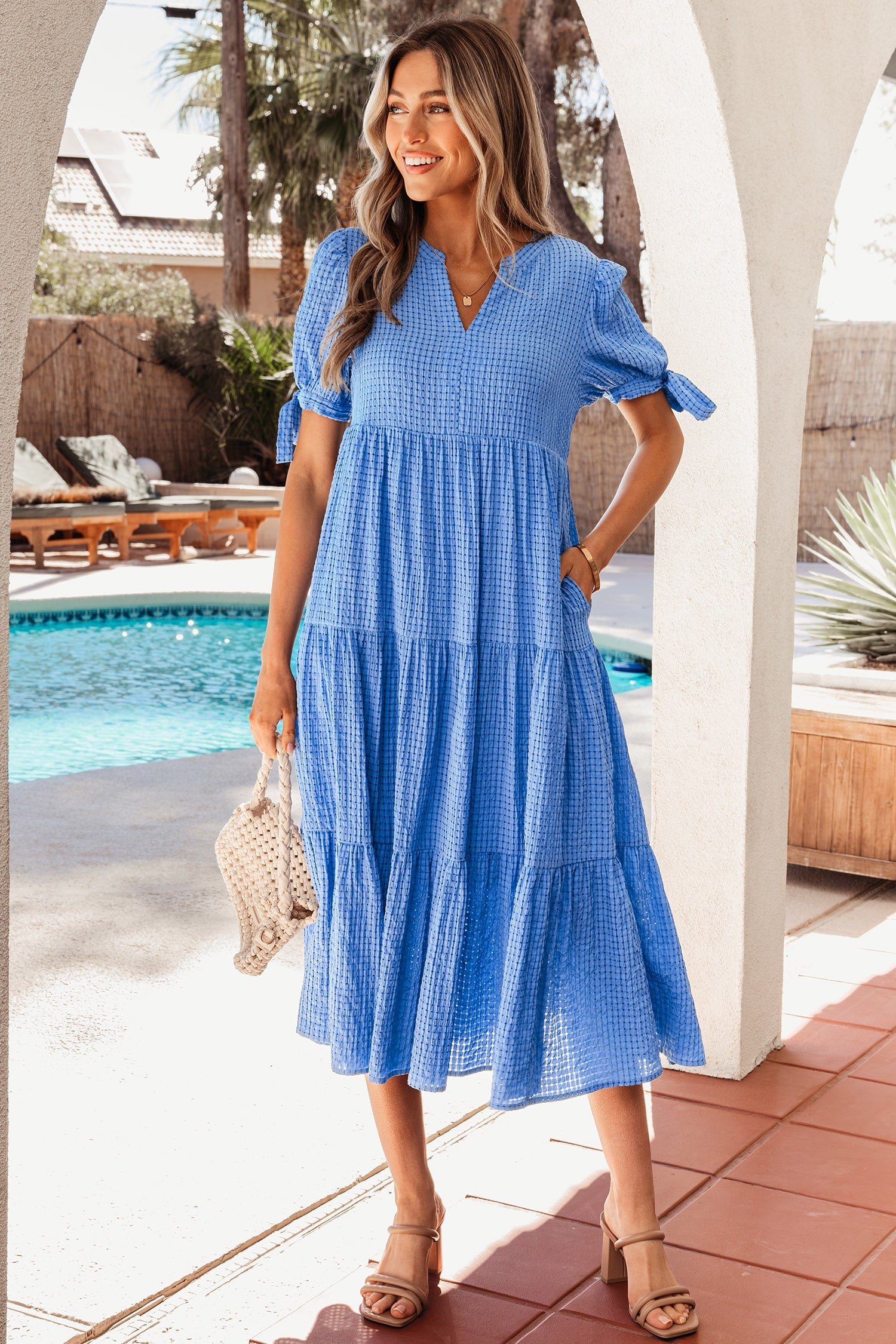 Gingham Bow Tie Short Sleeve Tiered Midi Dress